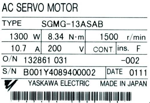 Yaskawa SGMG-13ASAB AC Servo Motor 10.7A 1300W 1500RPM 200V NEW