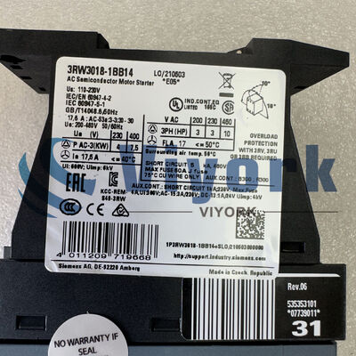 Siemens 3RW3018-1BB14 SOFT STARTER 24V AC/DC 200-480VAC 17.6AMP 7.5KW/400V NEW